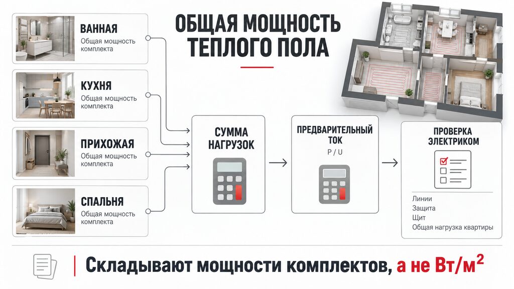 схема расчета общей мощности нескольких зон теплого пола