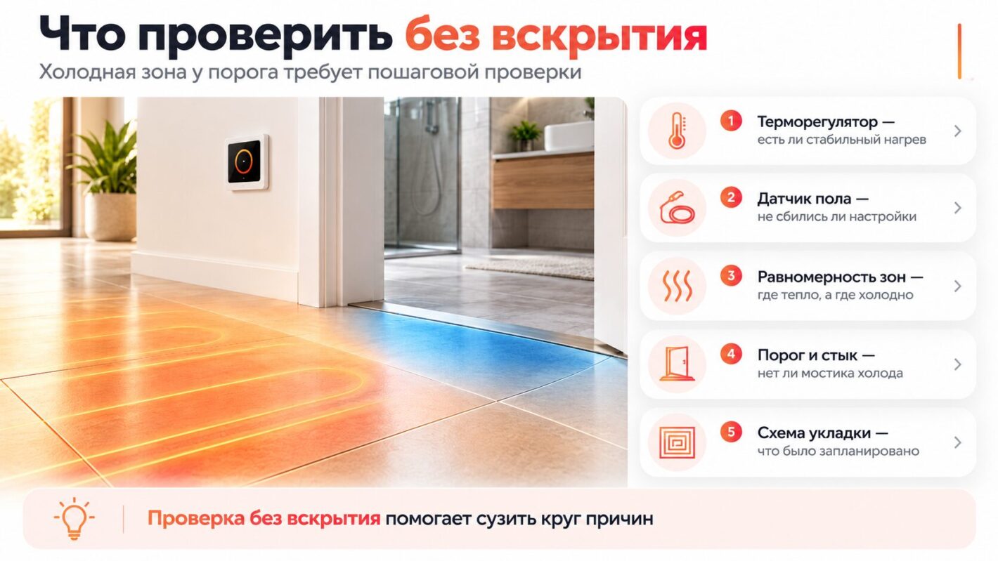 Инфографика проверки холодной зоны тёплого пола у порога без демонтажа плитки: терморегулятор, датчик температуры, равномерность нагрева и схема укладки