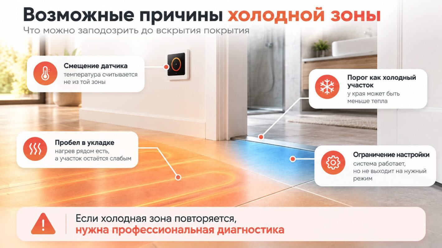 Инфографика возможных причин холодного участка тёплого пола возле порога: расположение датчика, особенности укладки нагревательных элементов и настройки терморегулятора